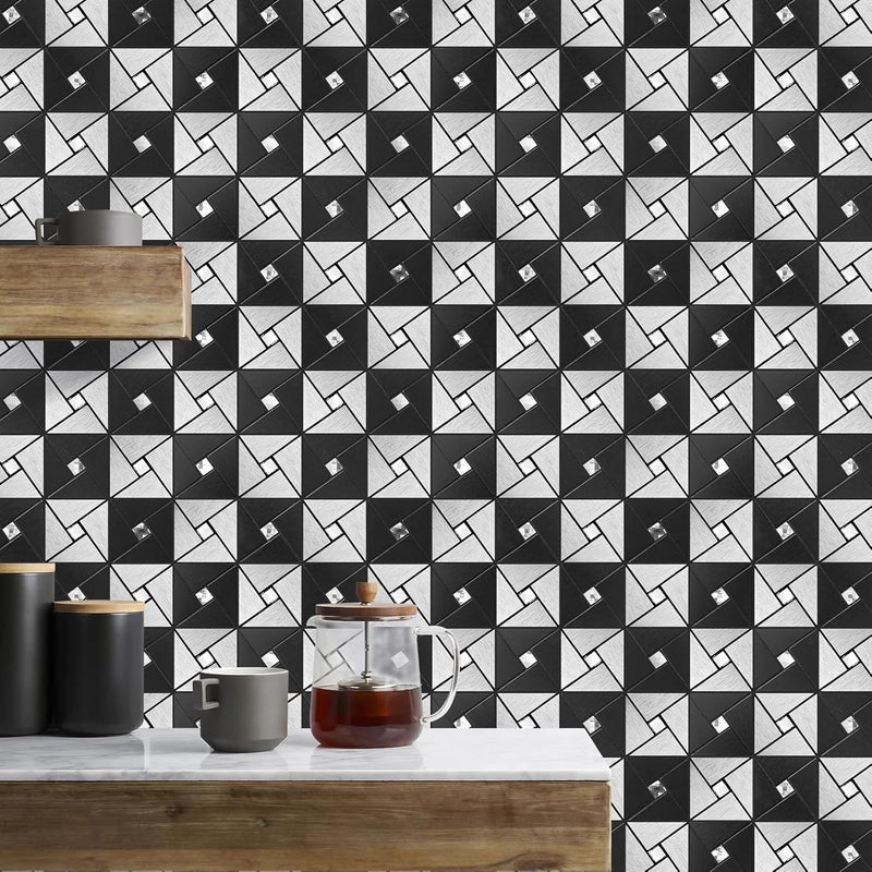 Vamos Tile Peel and Stick Backsplash Tile with Gloves - Metal Tile Stick on Backsplash for Kitchen and Bathroom Black&Silver Windmill Puzzle Glass Mixed Self Adhesive Mosaic Tiles(12"x12"x10 Sheets) - Image 3
